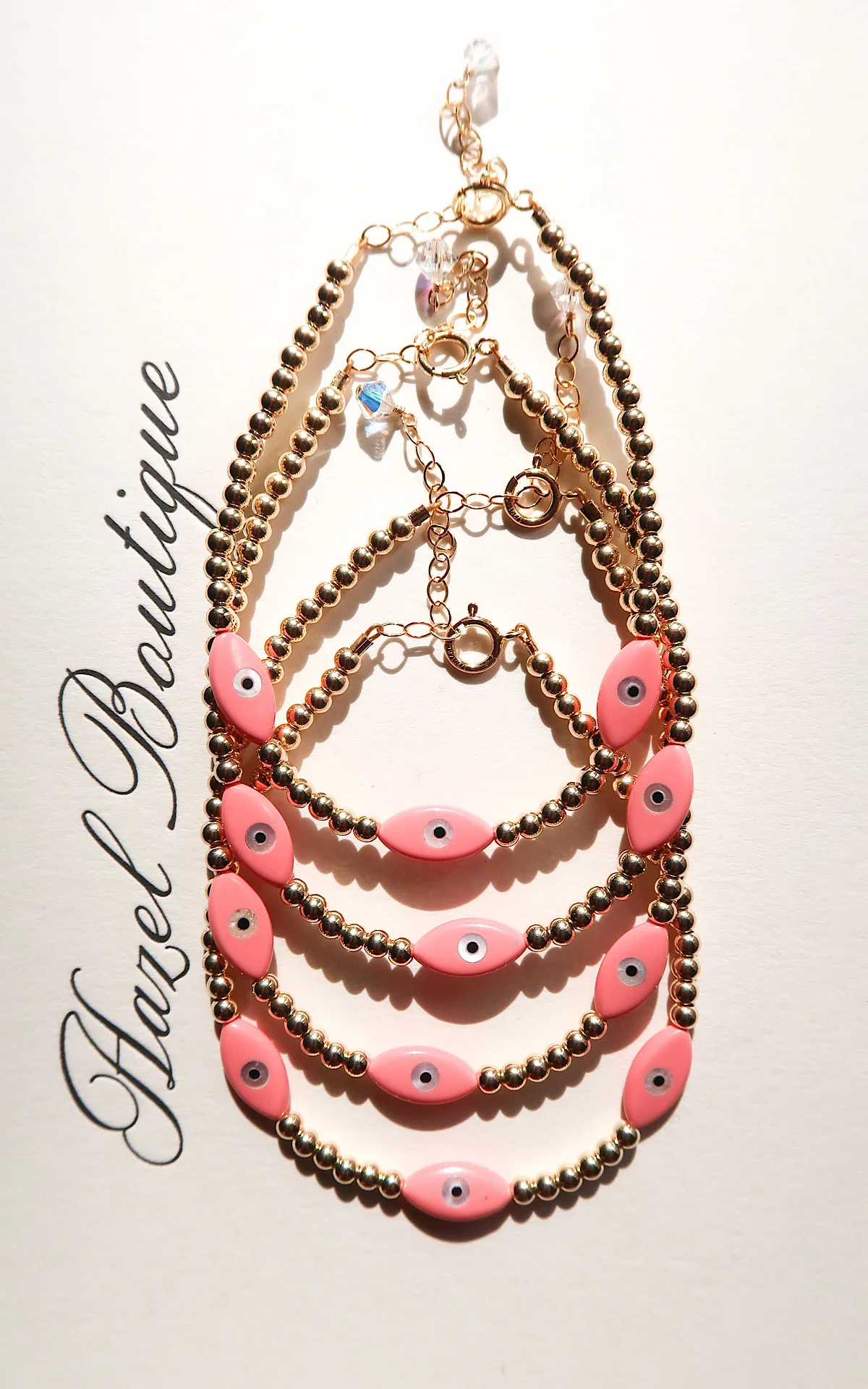 14k Gold Filled Pink Evil Eye Bracelet - Image 2